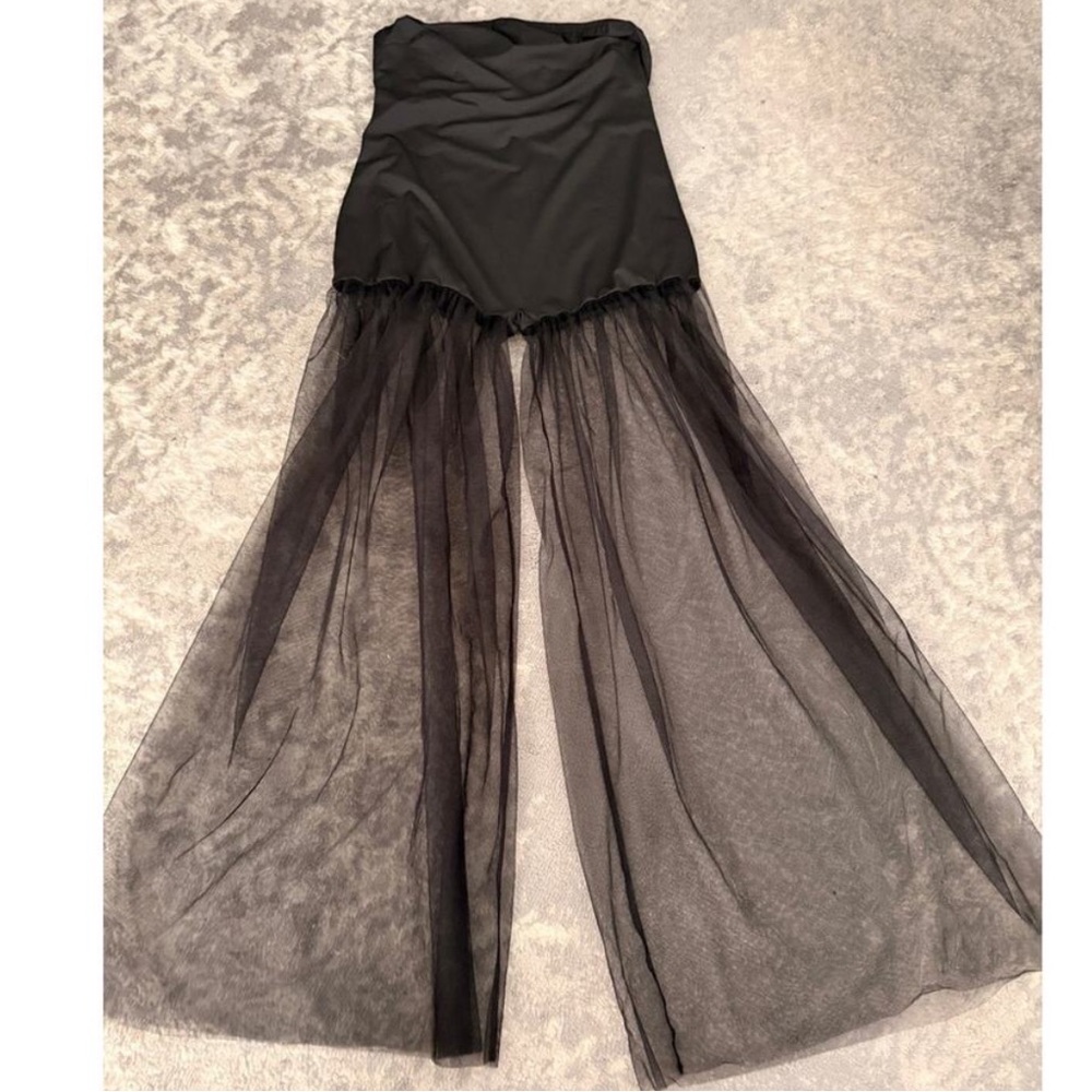 Black Strapless Jumpsuit Size Large Sheer Wide Palazzo Leg